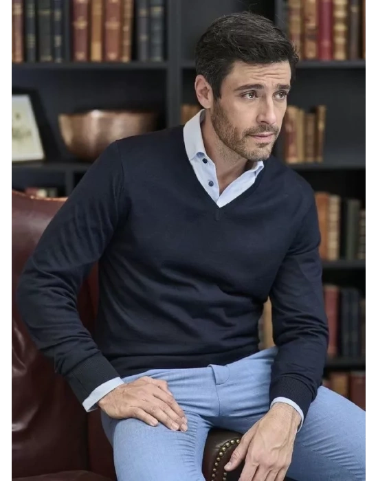 Unisex Uzun Kol V Yaka Triko Kazak  acivert