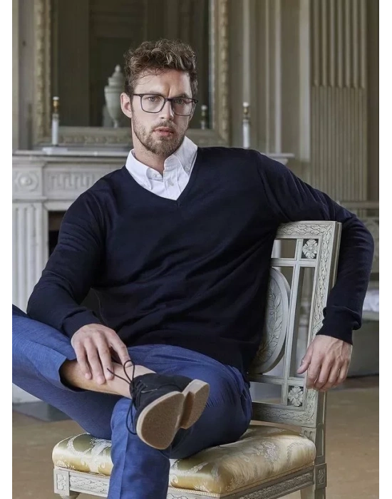 Unisex Uzun Kol V Yaka Triko Kazak  acivert