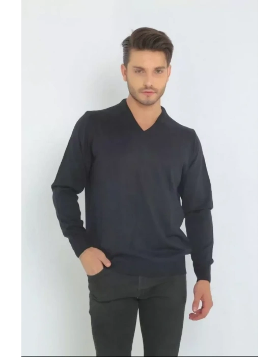 Unisex Uzun Kol V Yaka Triko Kazak  acivert