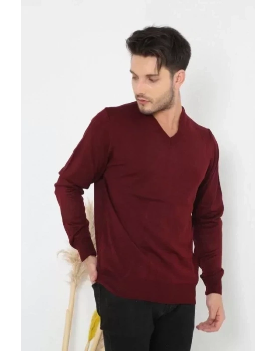 Unisex Uzun Kol V Yaka Triko Kazak  Bordo