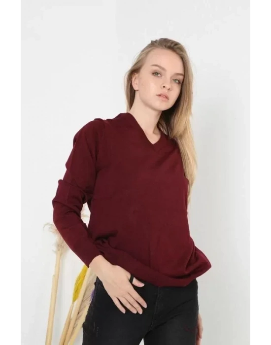 Unisex Uzun Kol V Yaka Triko Kazak  Bordo