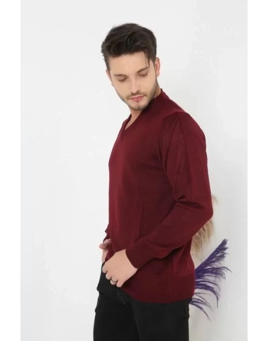 Unisex Uzun Kol V Yaka Triko Kazak  Bordo