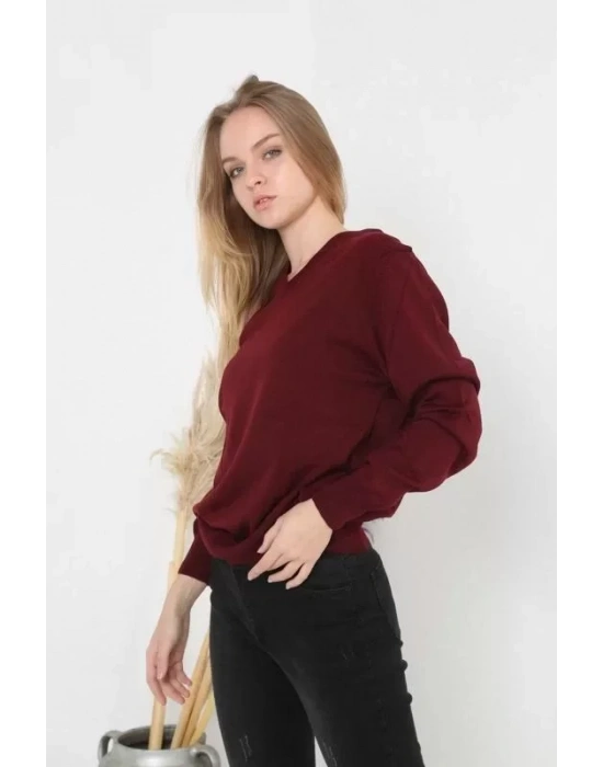 Unisex Uzun Kol V Yaka Triko Kazak  Bordo