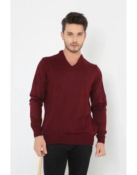 Unisex Uzun Kol V Yaka Triko Kazak  Bordo