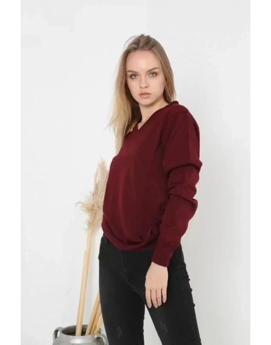 Unisex Uzun Kol V Yaka Triko Kazak  Bordo