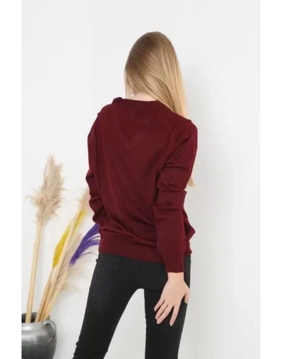 Unisex Uzun Kol V Yaka Triko Kazak  Bordo