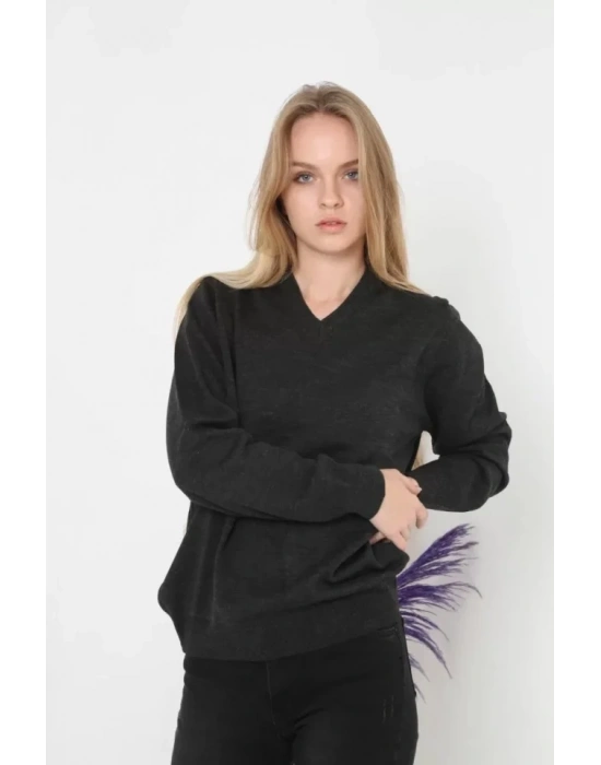 Unisex Uzun Kol V Yaka Triko Kazak  Füme