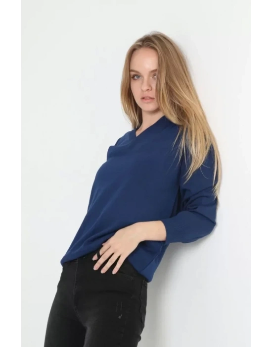 Unisex Uzun Kol V Yaka Triko Kazak  Indigo