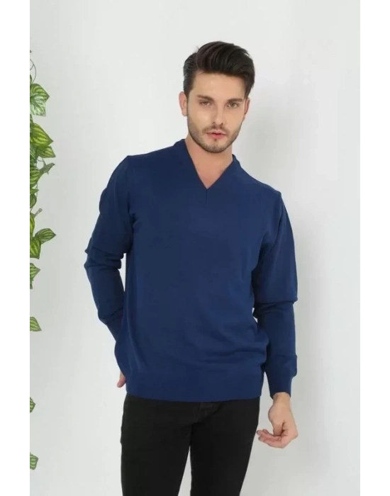Unisex Uzun Kol V Yaka Triko Kazak  Indigo
