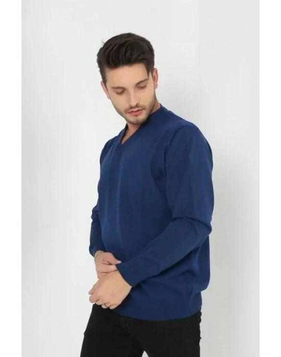 Unisex Uzun Kol V Yaka Triko Kazak  Indigo