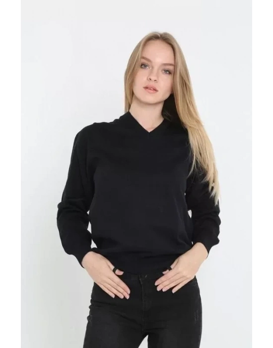 Unisex Uzun Kol V Yaka Triko Kazak  Siyah