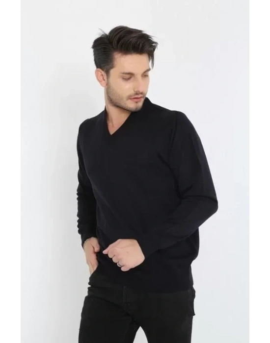 Unisex Uzun Kol V Yaka Triko Kazak  Siyah