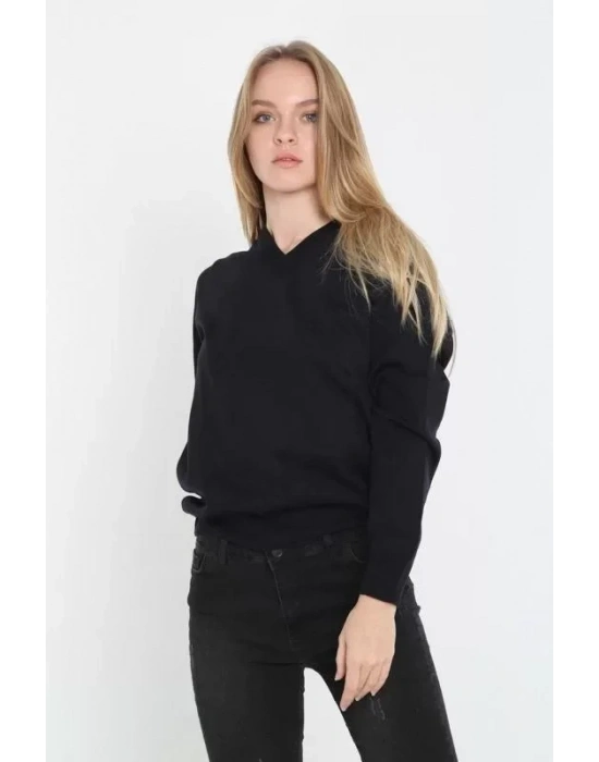 Unisex Uzun Kol V Yaka Triko Kazak  Siyah