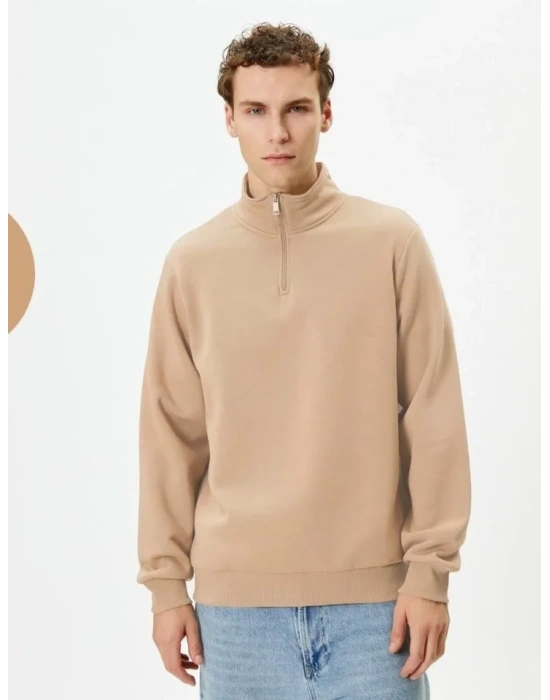 Unisex Uzun Kol Yarım Farmuarlı Yakalı Basic weathirt  Bej