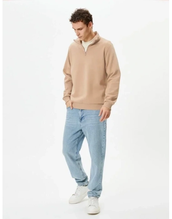 Unisex Uzun Kol Yarım Farmuarlı Yakalı Basic weathirt  Bej