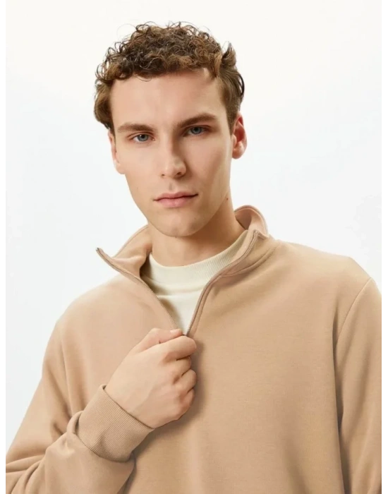 Unisex Uzun Kol Yarım Farmuarlı Yakalı Basic weathirt  Bej