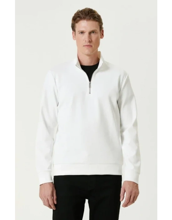 Unisex Uzun Kol Yarım Farmuarlı Yakalı Basic weathirt  Beyaz