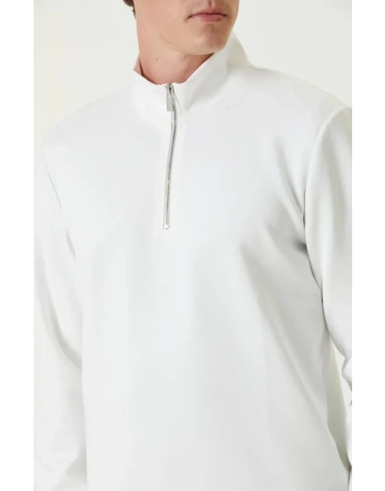 Unisex Uzun Kol Yarım Farmuarlı Yakalı Basic weathirt  Beyaz
