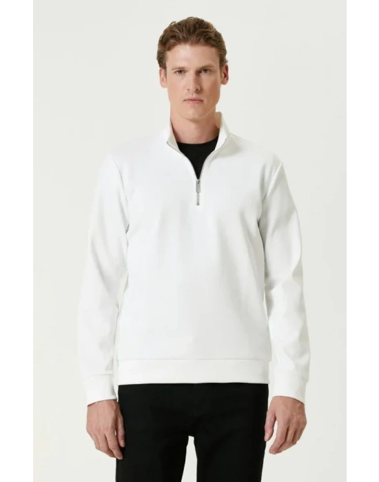 Unisex Uzun Kol Yarım Farmuarlı Yakalı Basic weathirt  Beyaz