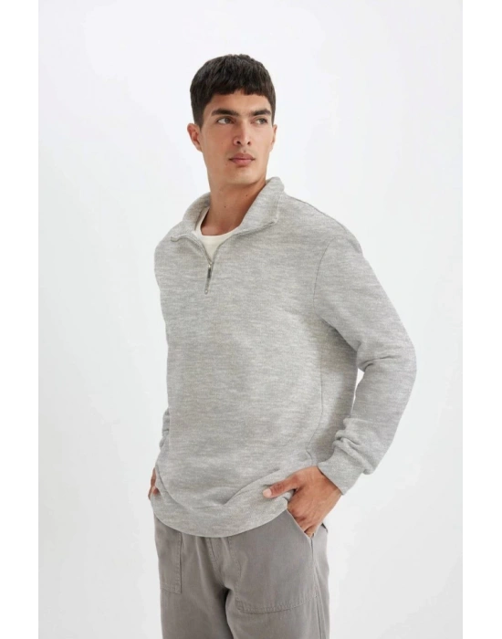 Unisex Uzun Kol Yarım Farmuarlı Yakalı Basic weathirt  Gri