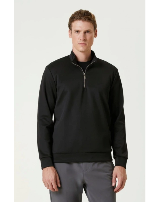 Unisex Uzun Kol Yarım Farmuarlı Yakalı Basic weathirt  iyah