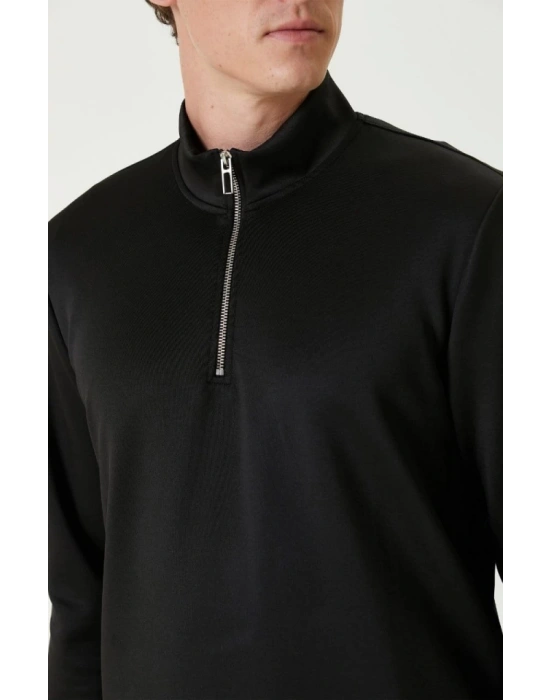 Unisex Uzun Kol Yarım Farmuarlı Yakalı Basic weathirt  iyah