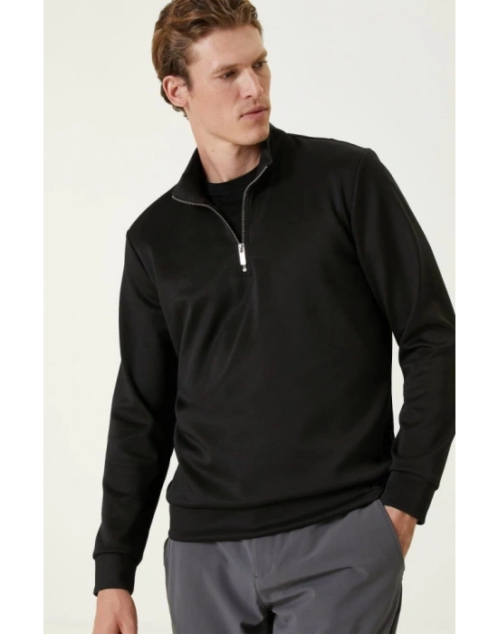 Unisex Uzun Kol Yarım Farmuarlı Yakalı Basic weathirt  iyah