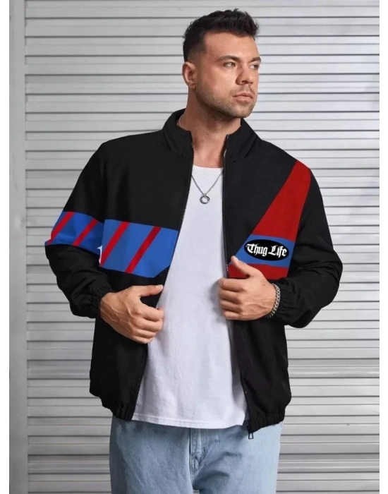 Unisex Uzun Koll Fermuarlı Baskılı Rüzgarlik  iyah