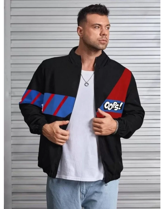 Unisex Uzun Koll Fermuarlı Baskılı Rüzgarlik  iyah