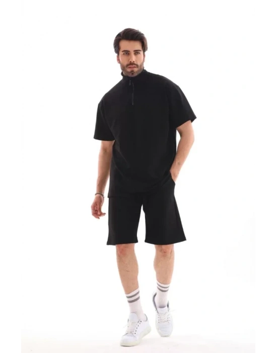 Unisex Yakalı Fermuarlı Oversize Thirt Şortlu Takım  iyah