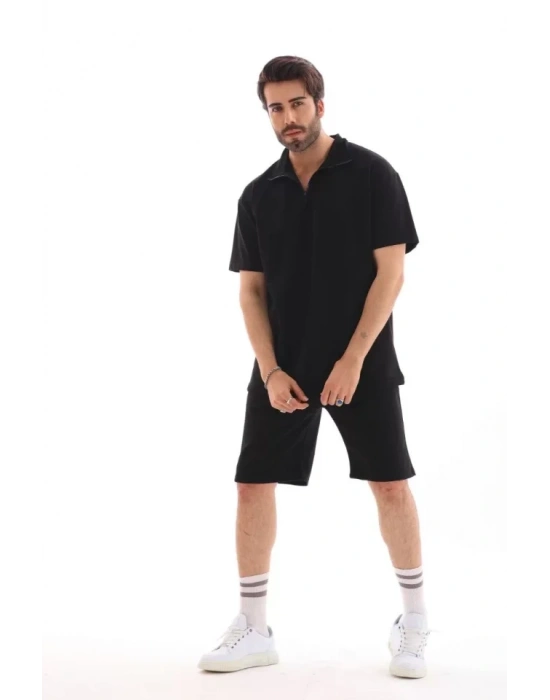Unisex Yakalı Fermuarlı Oversize Thirt Şortlu Takım  iyah