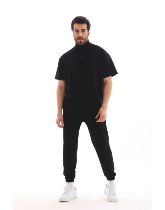 Unisex Yakalı Oversize Thirt Eşofmanlı Takım  iyah