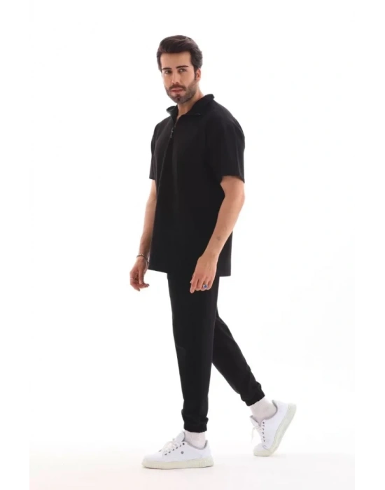 Unisex Yakalı Oversize Thirt Eşofmanlı Takım  iyah