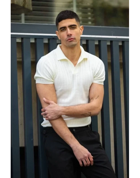 Unisex Yakalı Triko TShirt  Beyaz