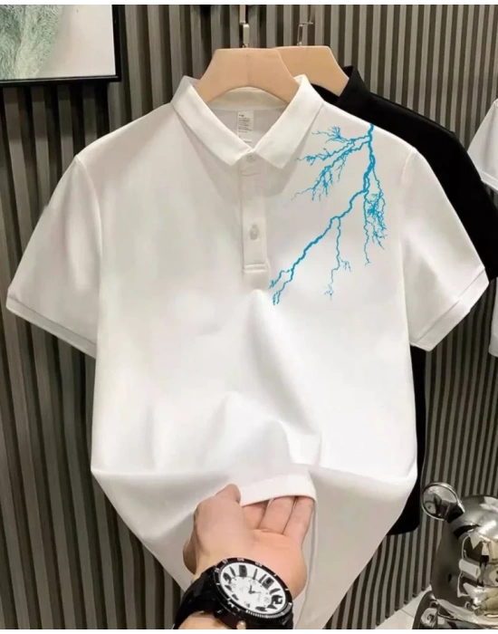 Unisex Yakası Düğmeli Oversize Baskılı Thirt  Beyaz