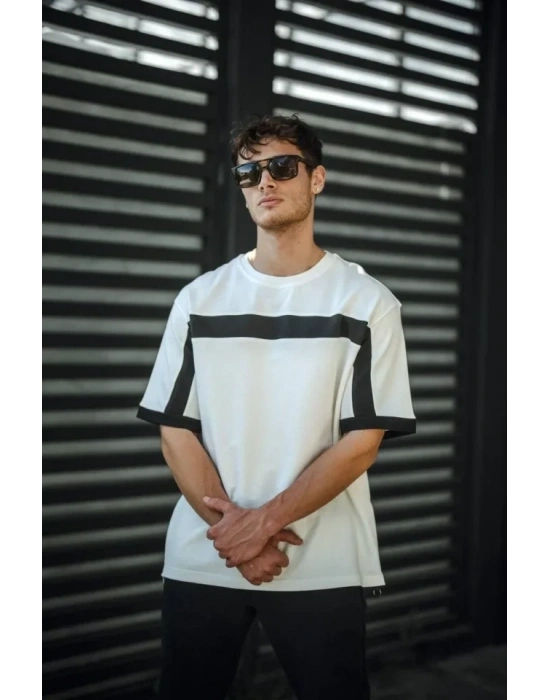 Unisex Yandan Fermuarlı Parçalı Thirt  Beyaz