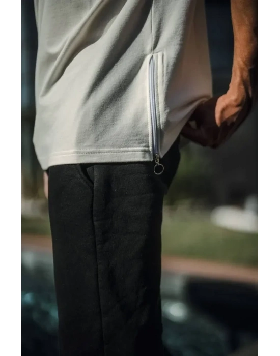 Unisex Yandan Fermuarlı Parçalı Thirt  Beyaz