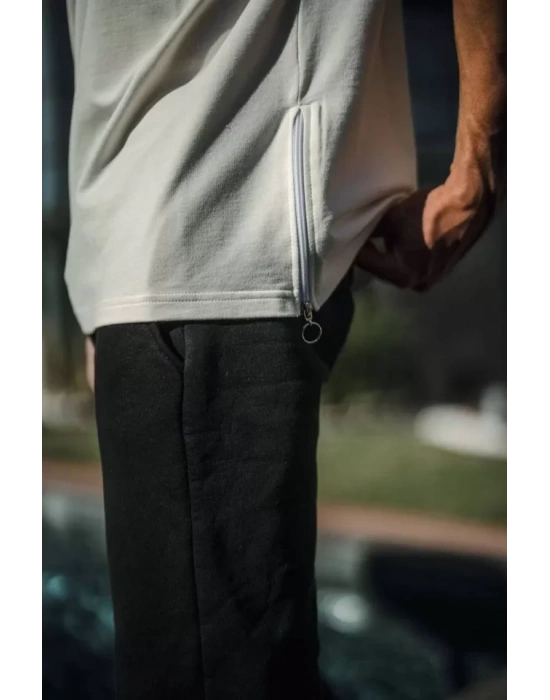 Unisex Yandan Fermuarlı Parçalı Thirt  Beyaz