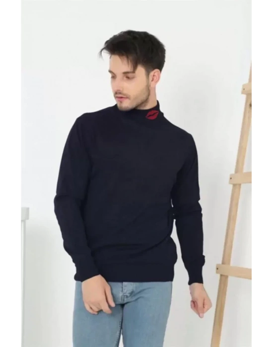 Unisex Yarım Boğazlı Baskılı Dokuma Triko  acivert