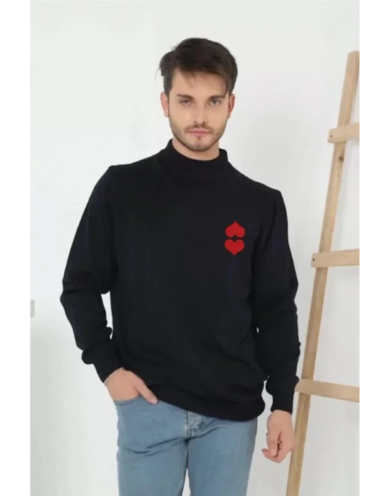 Unisex Yarım Boğazlı Baskılı Dokuma Triko  acivert