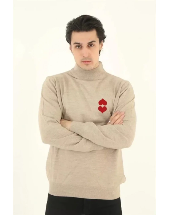 Unisex Yarım Boğazlı Baskılı Dokuma Triko  Bej