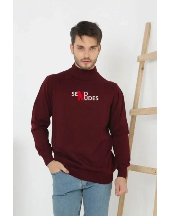 Unisex Yarım Boğazlı Baskılı Dokuma Triko  Bordo