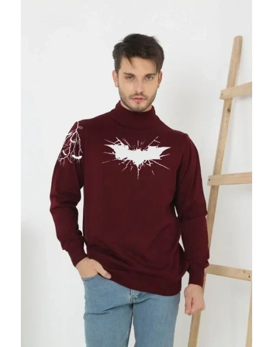 Unisex Yarım Boğazlı Baskılı Dokuma Triko  Bordo