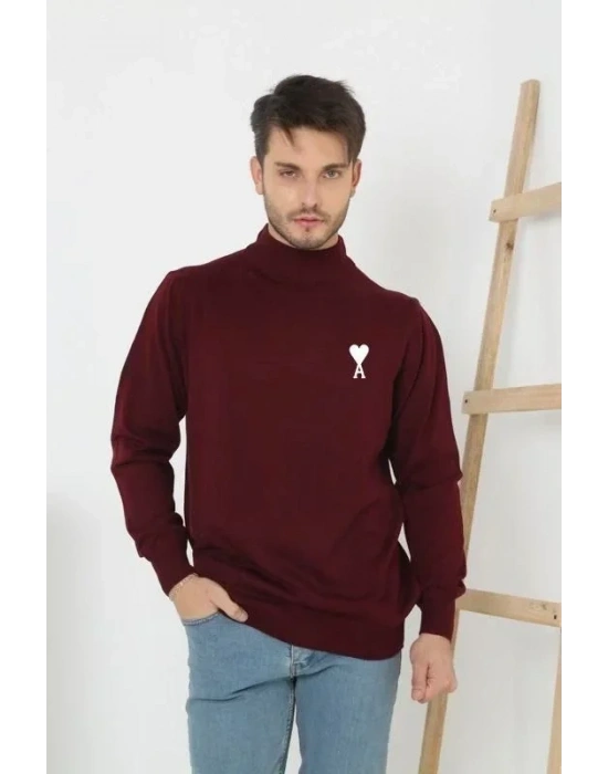 Unisex Yarım Boğazlı Baskılı Dokuma Triko  Bordo