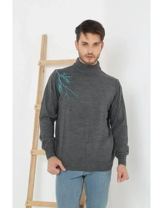 Unisex Yarım Boğazlı Baskılı Dokuma Triko  Füme