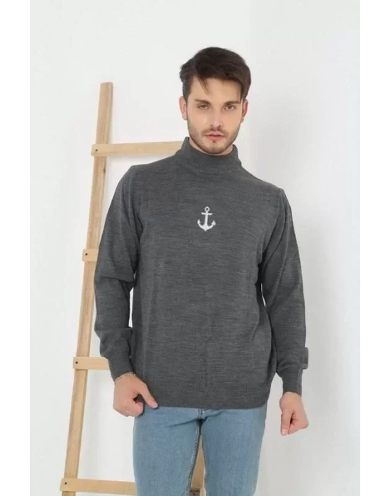 Unisex Yarım Boğazlı Baskılı Dokuma Triko  Füme