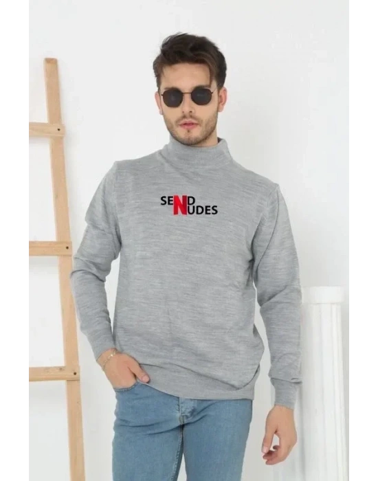 Unisex Yarım Boğazlı Baskılı Dokuma Triko  Gri