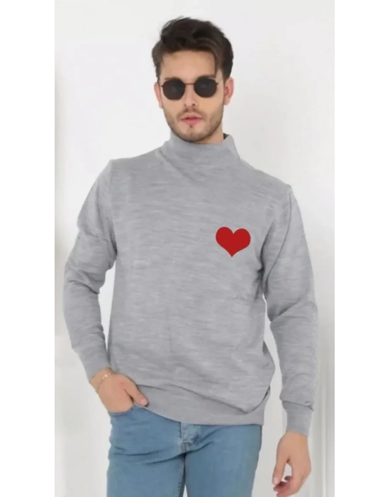 Unisex Yarım Boğazlı Baskılı Dokuma Triko  Gri