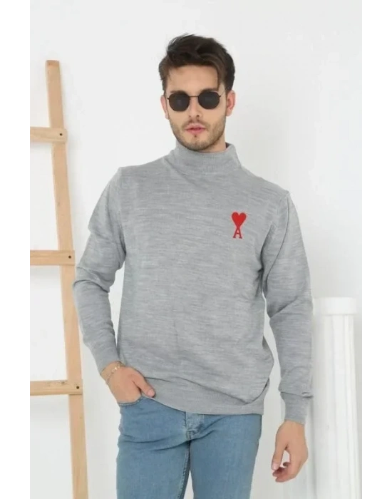 Unisex Yarım Boğazlı Baskılı Dokuma Triko  Gri