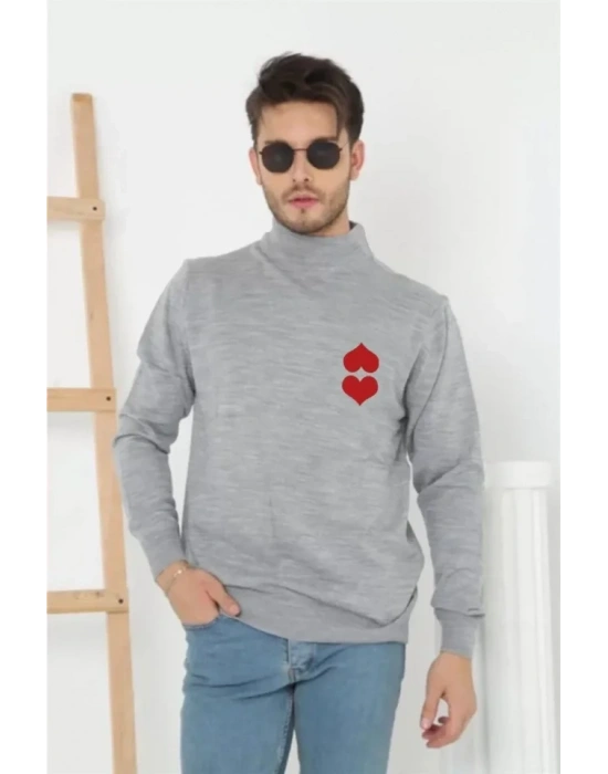 Unisex Yarım Boğazlı Baskılı Dokuma Triko  Gri